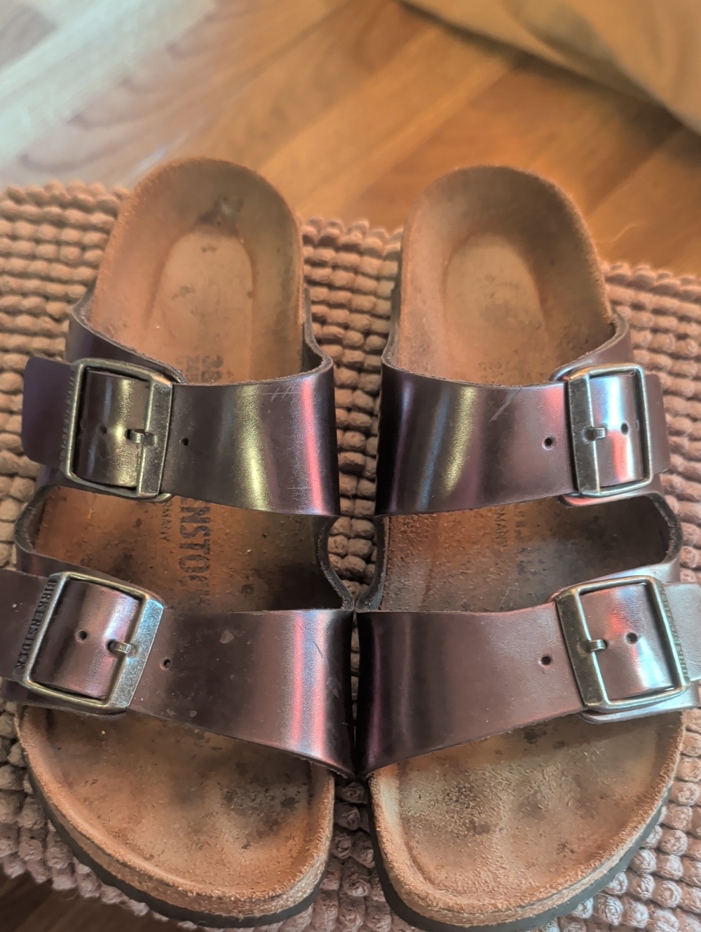 Birkenstock Gunmetal Double-Buckle Leather Slides